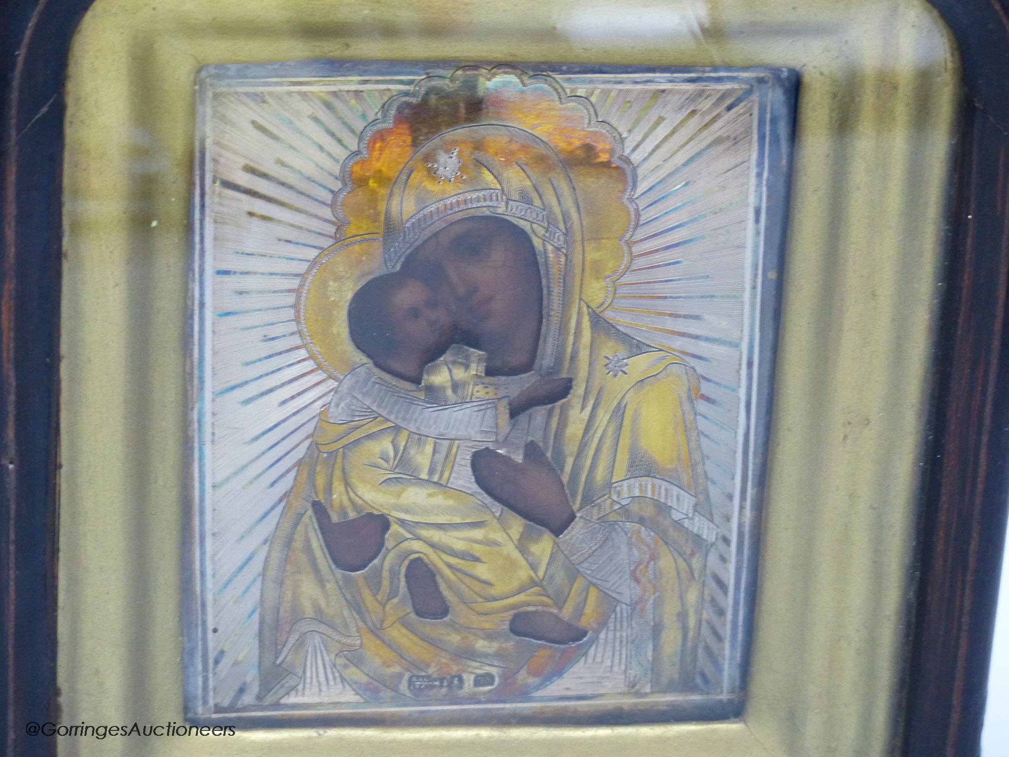 A Russian 84 zolotnik icon in frame, assay master probably A Svyechin, Moscow, 1862-1875, overall 20.3cm.